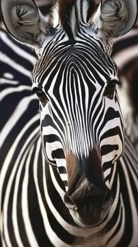 A black and white striped zebra face in focus.