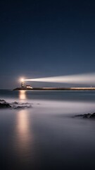 Lighthouse at Night with Beam of Light Ocean Coastline Beach. Concept featuring lighthouse, night, ocean, coastline, beach.