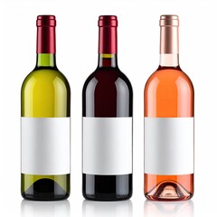 Three wine bottles, white, red, and ros?, each with blank labels