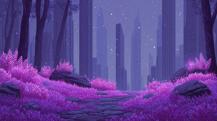 A Dreamlike Landscape Blending Urban Elegance with Ethereal Flora, Capturing a Serene Atmosphere of Mystery and Tranquility Amidst a Futuristic City