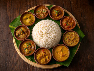 Traditional Indian Thali meal with variety of spicy curries in clay bowls served with steamed white rice on banana leaf in wicker tray. Top view of authentic Asian cuisine on wooden table.