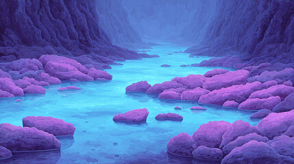Discover the Serene Beauty of a Tranquil River: A Colorful Landscape Filled with Purple Rocks and Reflective Blue Waters, Perfect for Nature Lovers and Artistic Inspiration