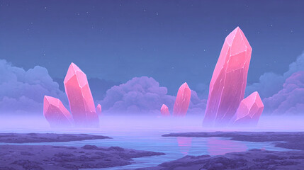 Explore a Dreamy Landscape with Majestic Crystals Under a Twilight Sky at the Serene Edge of a Misty Lake