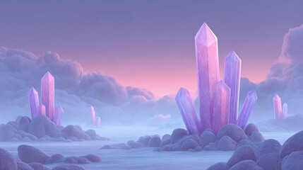 Discover a Dreamlike Landscape of Ethereal Crystals and Serene Clouds: A Magical Environment Captured in Beautiful Purples and Tranquil Hues