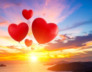 Vivid sunset scene with floating red heart-shaped balloons