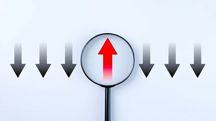 Magnified red upward arrow rising above gray downward arrows – data visualization concept
