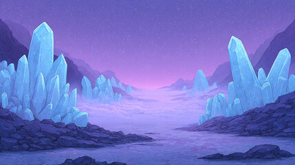 Explore a Magical Landscape of Crystalline Mountains under a Starry Violet Sky, Evoking Tranquility and Wonder in Nature's Dreamlike Realm.