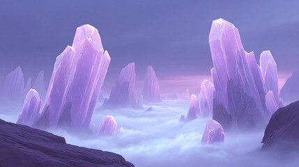 Discover a Dreamlike Landscape of Majestic Purple Crystals Towering Through Ethereal Fog in a Tranquil Environment Filled with Serene Beauty and Mystical Allure