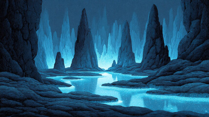 Explore an Enigmatic Landscape of Mystical Mountains and Serene Waters Illuminated by Ethereal Blue Light, Capturing the Beauty of Nature's Hidden Wonders and Dreamlike Scenery.