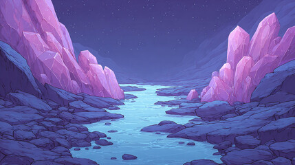 Explore a Mystical Landscape with Enchanting Crystals and a Serene River Under a Starry Sky, Perfect for Tranquil and Dreamlike Escapes