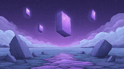Explore a Surreal Dreamscape of Floating Stones under a Starry Purple Sky, Where Imagination and Calming Serenity Create a Mystical Landscape of Wonder.