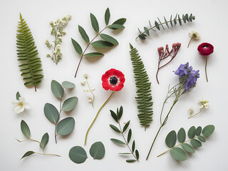 Assortment of fresh green leaves and flowers isolated on white background