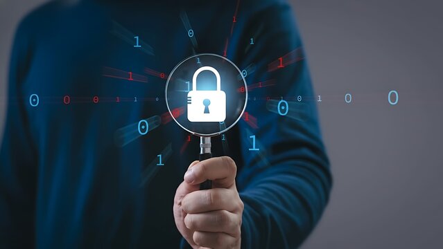 Conceptual cybersecurity image with padlock shield, binary code and digital security imagery - Powered by Adobe