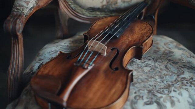 Violin on ornate chair classical instrument still life