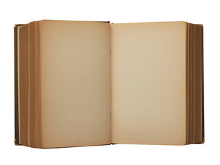 An open antique book with blank pages, isolated on white background