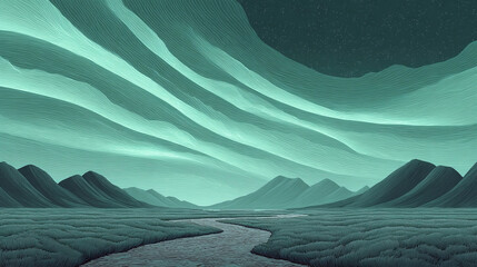 An Enigmatic Landscape: A Serene River Flowing Through Mountains Under a Starry Night Sky with Ethereal Green Waves of Light and Abstract Atmosphere