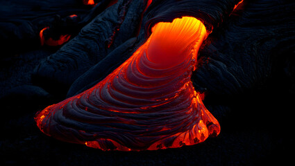 Vibrant lava flow erupting at night