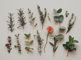 Collection of fresh herbs and flowers arranged on a neutral background