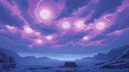 Experience the Enigmatic Beauty of a Twilight Stormy Sky: A Stunning Landscape Filled with Whirling Clouds and Illuminating Lightning, Perfect for Nature Enthusiasts and Art Lovers