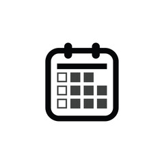 Calendar icon logo, diary symbol, contains schedule, date, agenda, event, month, and week icons. Black and white vector design.