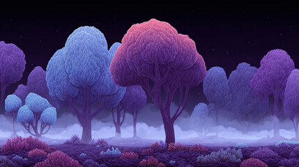 Explore a Whimsical Landscape of Dreamy Trees and Vivid Colors in a Surreal Nighttime Scene Filled with Fantasy and Imagination
