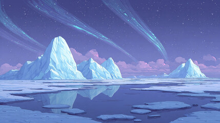 A Serene Landscape of Glaciers Under a Starry Night Sky with Ethereal Comets and Reflective Waters, Capturing the Majestic Beauty of Nature's Tranquility and Wilderness