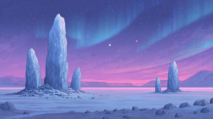Captivating Landscape: Ethereal Ice Formations Beneath the Aurora Illuminating a Tranquil Night Sky