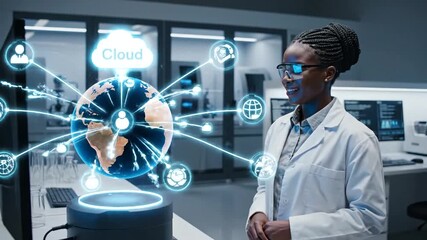 Female scientist working with futuristic technology and global cloud network in a laboratory. - Powered by Adobe