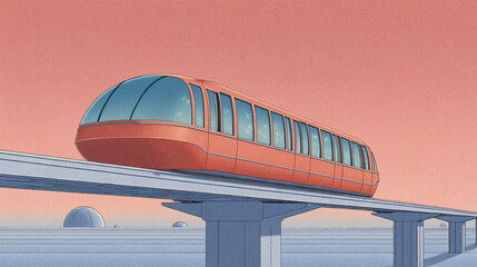 Futuristic Monorail at Sunset: A Vision for Tomorrow's Transportation System, Blending Innovation and Urban Design in a Seamless Travel Experience.