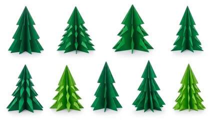 Fototapeta premium Origami Christmas trees in various green shadesisolated on a transparent background