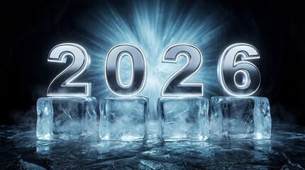 Glowing 2026 numbers on melting ice cubes against a dark background with radiant light