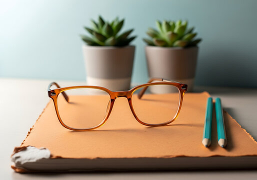 Eyeglasses on notebook with succulent plants and pencils on a minimalist desk scene - Powered by Adobe