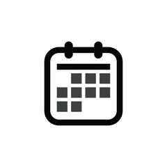 Calendar icon logo, diary symbol, contains schedule, date, agenda, event, month, and week icons. Black and white vector design.