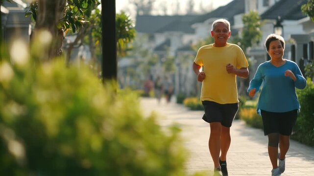 Active senior couple jogging together on a sunny sidewalk in a beautiful residential area. Healthy lifestyle, fitness, and retirement concept. Joyful moments, active aging.