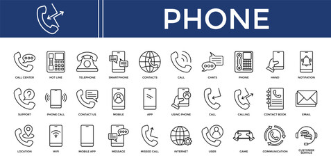 Phone icon set collection. Containing email, news, touch, contact, meeting, support, voice .Line vector icons collection