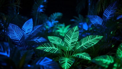 Glowing patterned leaves in dark setting