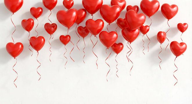 Valentine Red Heart Balloons Floating on White Background with Copy Space. - Powered by Adobe