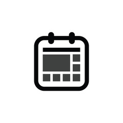 Calendar icon logo, diary symbol, contains schedule, date, agenda, event, month, and week icons. Black and white vector design.