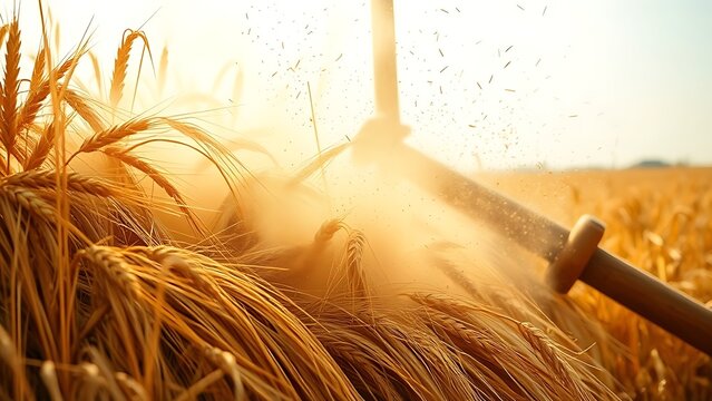 flail. Golden wheat grains flying from sheaves during threshing. safety posters, maintenance manuals, designed for industrial assembly lines and welding operations, supports safety.
