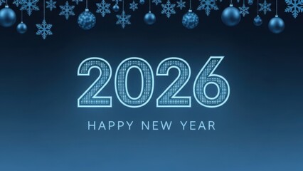 Happy new year 2026 with snowflakes and ornaments on blue background