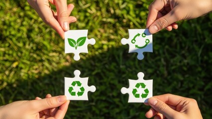 Hands holding puzzle pieces with eco friendly symbols on green grass
