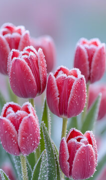 Makro-Nahaufnahme von mattierten roten Tulpen mit zartem Schnee zum Winter-Valentinstag
