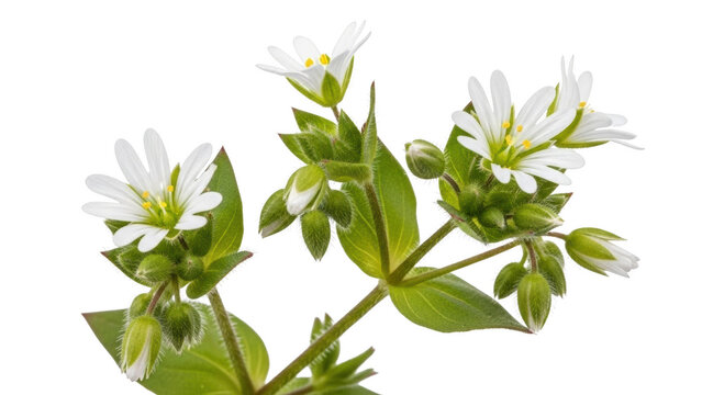Macro view of delicate white star shaped flowers and green buds on black chickweed
