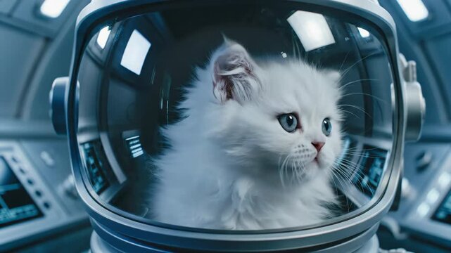 Extreme close-up shot of a curious domestic kitten inside a shiny helmet visor turning its head slightly in an enclosed, futuristic metallic environment enclosed, wildcard, animal