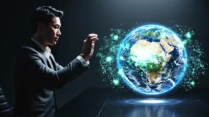 Asian businessman interacting with a digital globe hologram, representing global business and technology. - Powered by Adobe