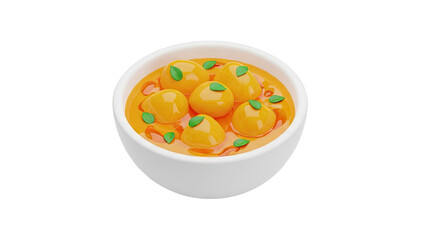 3D Bowl of curry with dumplings and basil leaves, 3D render on transparent background