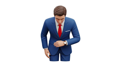 3D Businessman checking watch on transparent background