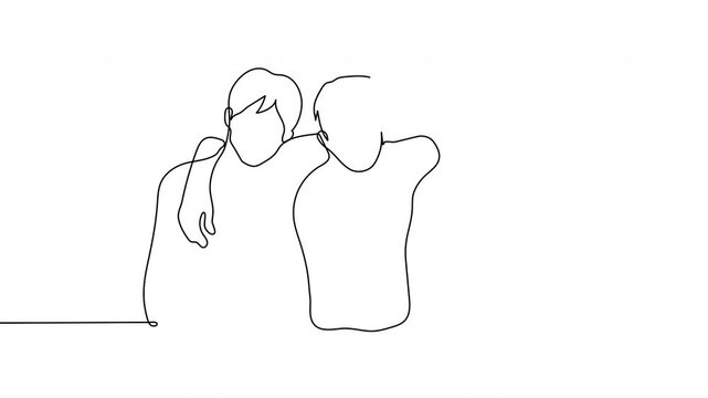 Seamless loop animation of three friends in a warm group hug. Continuous one line art drawing in minimalist black outline on white, perfect for friendship, unity, and togetherness themes