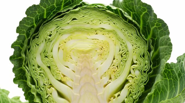 Cabbage Cross-Section Showcase: Exploring the Internal Structures of a Fresh Vegetable Specimen