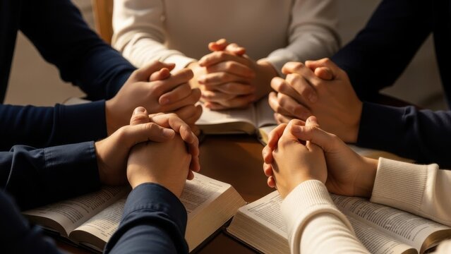 Group of diverse people praying together with hands clasped in prayer
